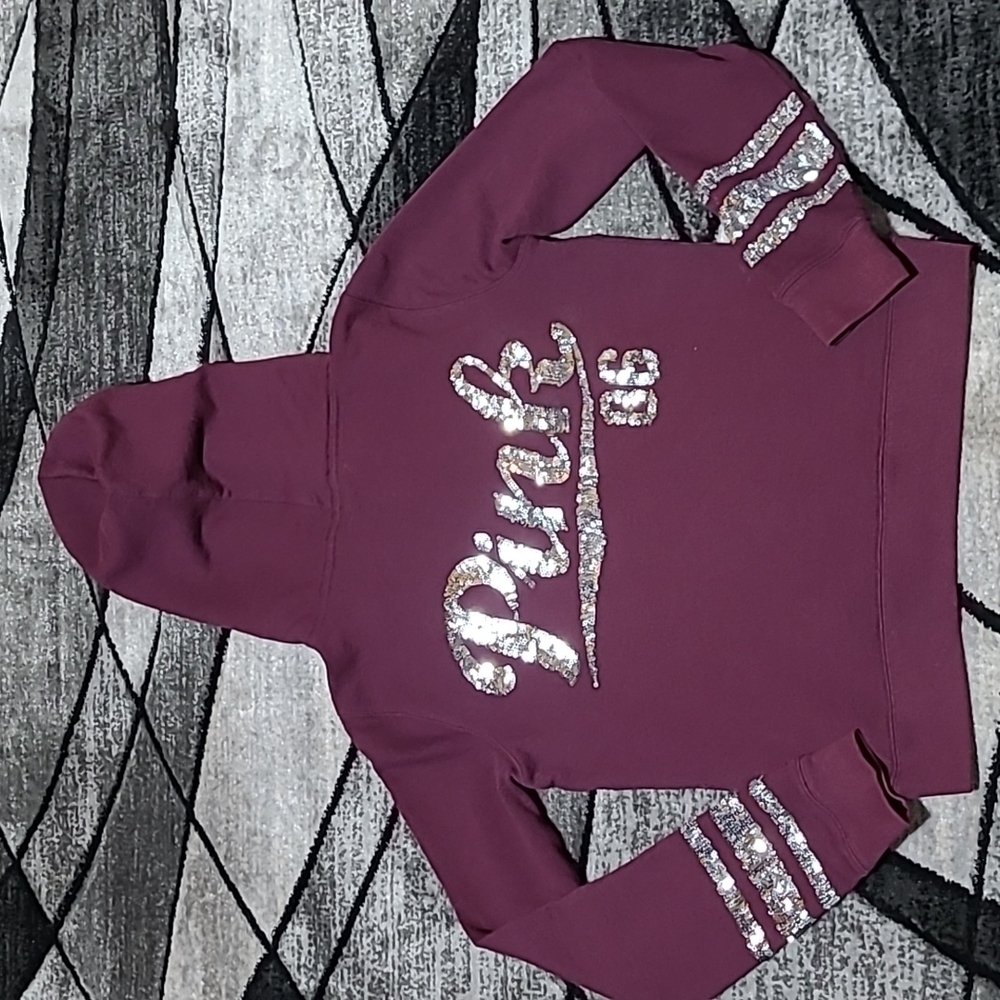 VS PINK 2014 BLING SILVER SEQUINS LOGO HOODIE SWEATSHIRT JACKET